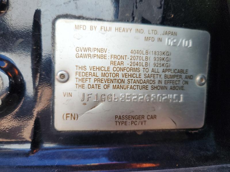 62766076 :رقم المزاد ، JF1GG68522G802451 vin ، 2002 Subaru Impreza مزاد بيع