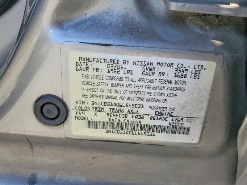 2006 Nissan Sentra მანქანა იყიდება აუქციონზე, vin: 3N1CB51D06L565031, აუქციონის ნომერი: 56529496
