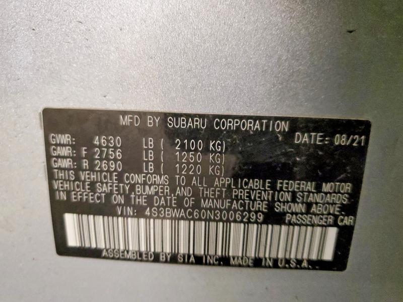 Aukcja sprzedaży 2022 Subaru Legacy, vin: 4S3BWAC60N3006299, numer aukcji: 60620726
