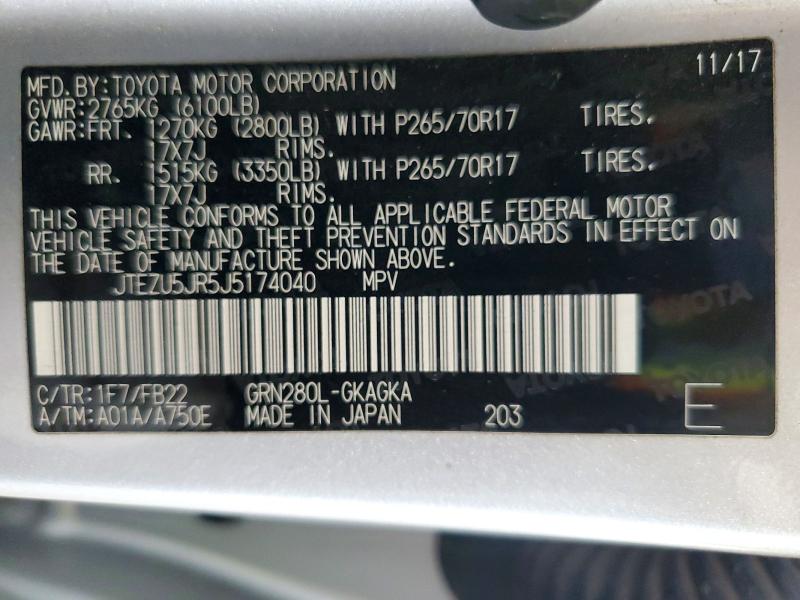 Auction sale of the 2018 Toyota 4runner, vin: JTEZU5JR5J5174040, lot number: 60876936