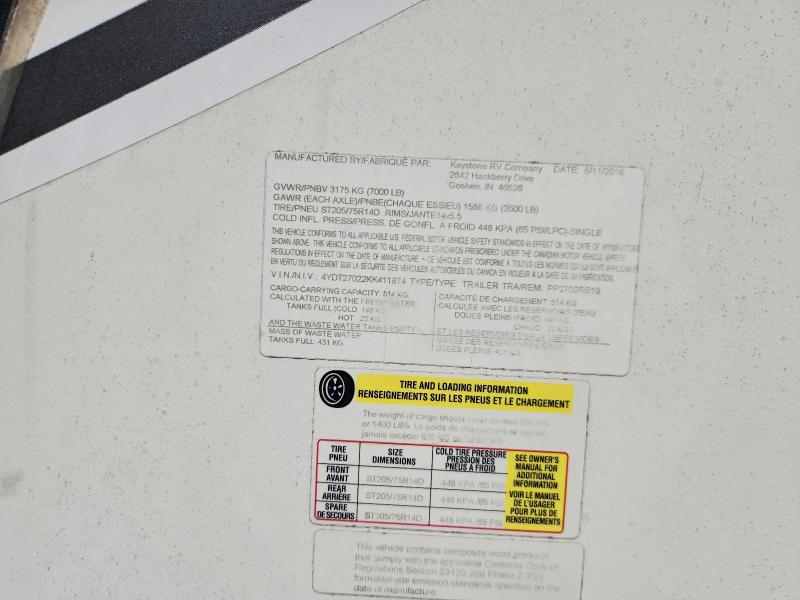 62842076 :رقم المزاد ، 4YDT27022KK411874 vin ، 2019 Keystone Passport مزاد بيع