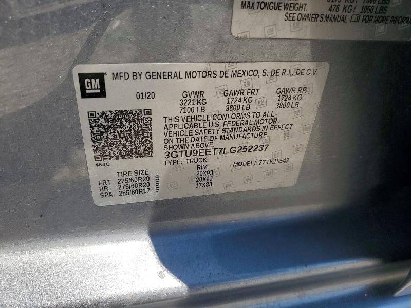 59888786 :رقم المزاد ، 3GTU9EET7LG252237 vin ، 2020 Gmc Sierra مزاد بيع