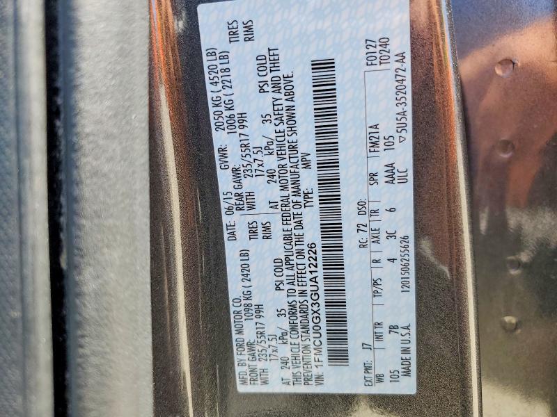 2016 Ford Escape მანქანა იყიდება აუქციონზე, vin: 1FMCU0GX3GUA12226, აუქციონის ნომერი: 61604166
