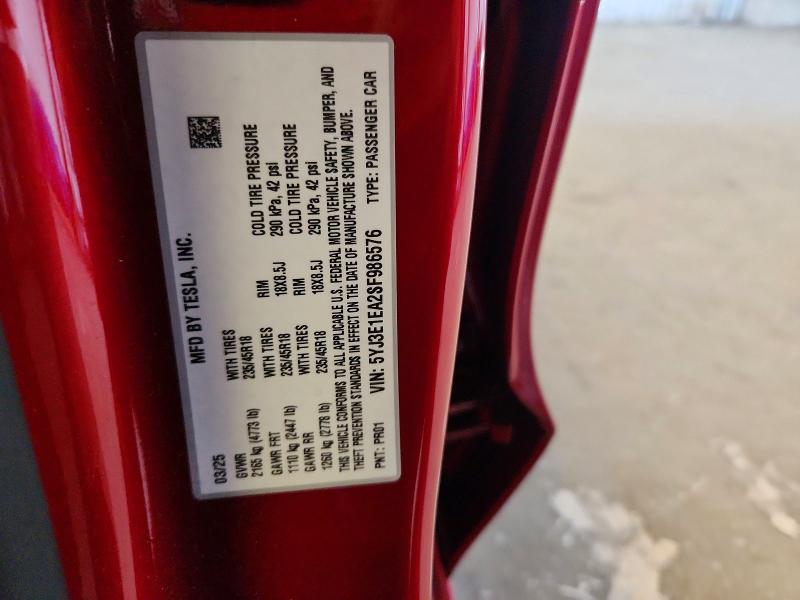 2025 Tesla Model 3 მანქანა იყიდება აუქციონზე, vin: 5YJ3E1EA2SF986576, აუქციონის ნომერი: 59368836