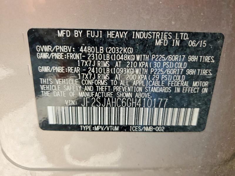 2016 Subaru Forester მანქანა იყიდება აუქციონზე, vin: JF2SJAHC6GH410177, აუქციონის ნომერი: 58995946