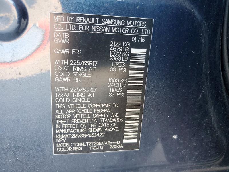 61910856 :رقم المزاد ، KNMAT2MV3GP653422 vin ، 2016 Nissan Rogue مزاد بيع