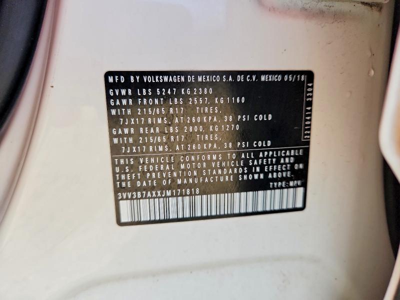 62126376 :رقم المزاد ، 3VV3B7AXXJM171818 vin ، 2018 Volkswagen Tiguan مزاد بيع
