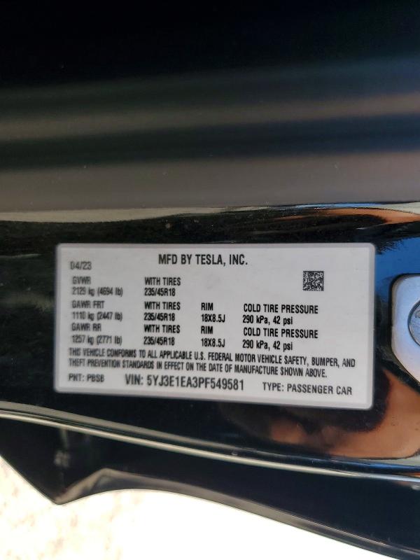 Продажа на аукционе авто 2023 Tesla Model 3, vin: 5YJ3E1EA3PF549581, номер лота: 62358806