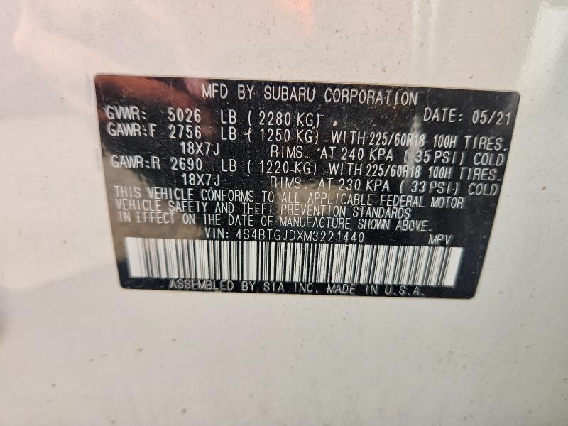 59659136 :رقم المزاد ، 4S4BTGJDXM3221440 vin ، 2021 Subaru Outback مزاد بيع