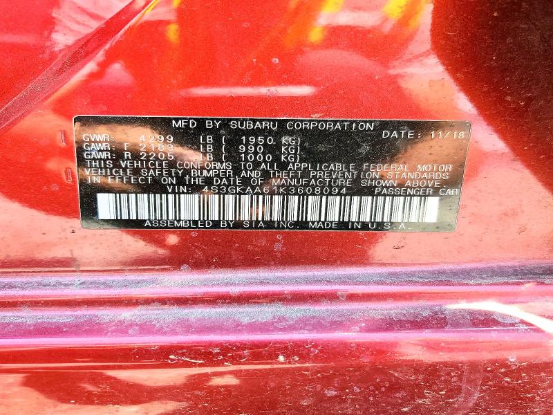 2019 Subaru Impreza მანქანა იყიდება აუქციონზე, vin: 4S3GKAA61K3608094, აუქციონის ნომერი: 59620236