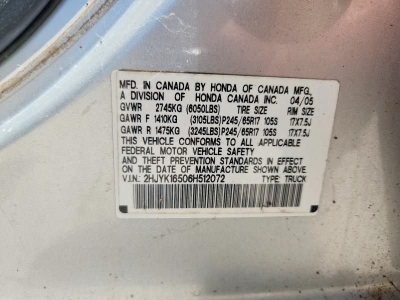 2006 Honda Ridgeline მანქანა იყიდება აუქციონზე, vin: 2HJYK16506H512072, აუქციონის ნომერი: 62447296