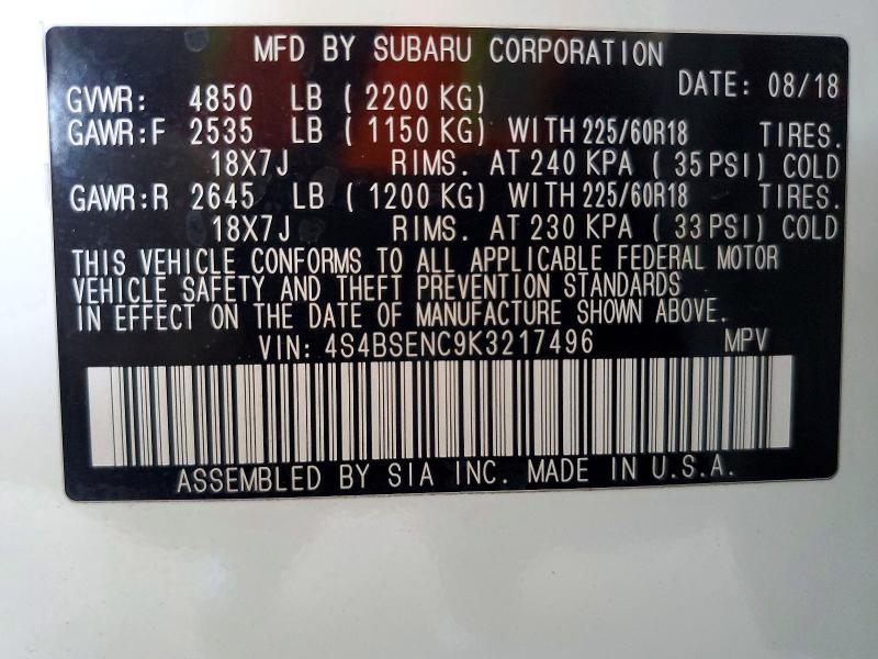 Aukcja sprzedaży 2019 Subaru Outback, vin: 4S4BSENC9K3217496, numer aukcji: 63126546