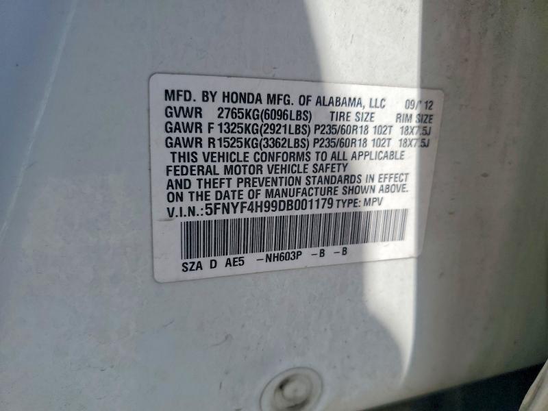 2013 Honda Pilot მანქანა იყიდება აუქციონზე, vin: 5FNYF4H99DB001179, აუქციონის ნომერი: 59796686