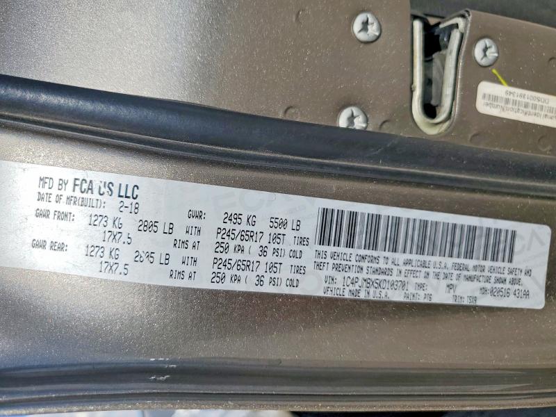Продаж на аукціоні авто 2019 Jeep Cherokee, vin: 1C4PJMBX5KD103701, номер лоту: 61438416