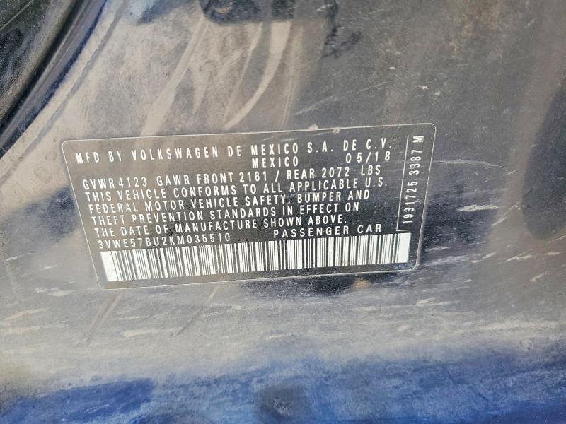 2019 Volkswagen Jetta მანქანა იყიდება აუქციონზე, vin: 3VWE57BU2KM035510, აუქციონის ნომერი: 61846266