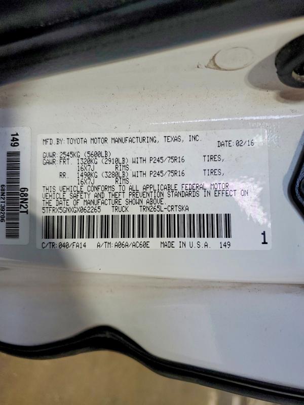 2016 Toyota Tacoma მანქანა იყიდება აუქციონზე, vin: 5TFRX5GNXGX062265, აუქციონის ნომერი: 59324906