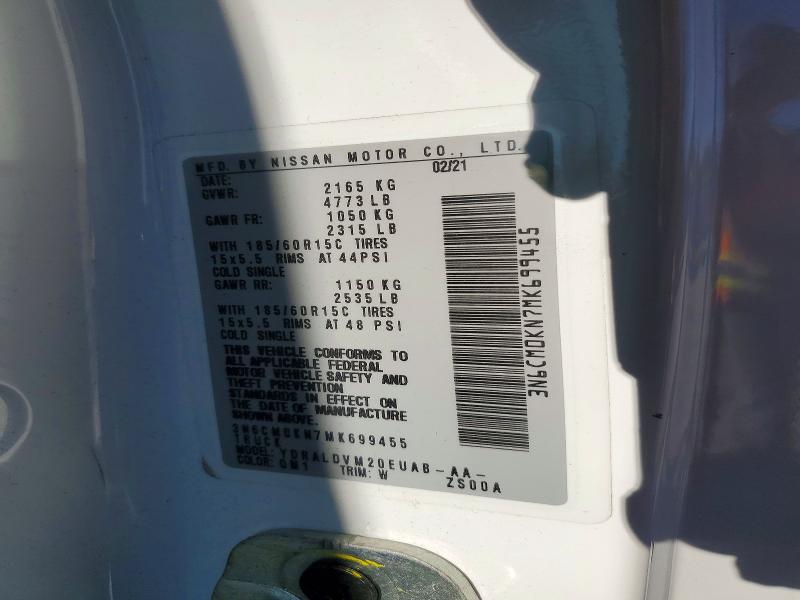 2021 Nissan Nv200 მანქანა იყიდება აუქციონზე, vin: 3N6CM0KN7MK699455, აუქციონის ნომერი: 60783016