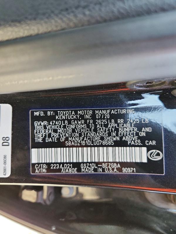 61403386 :رقم المزاد ، 58ADZ1B10LU078685 vin ، 2020 Lexus Es مزاد بيع