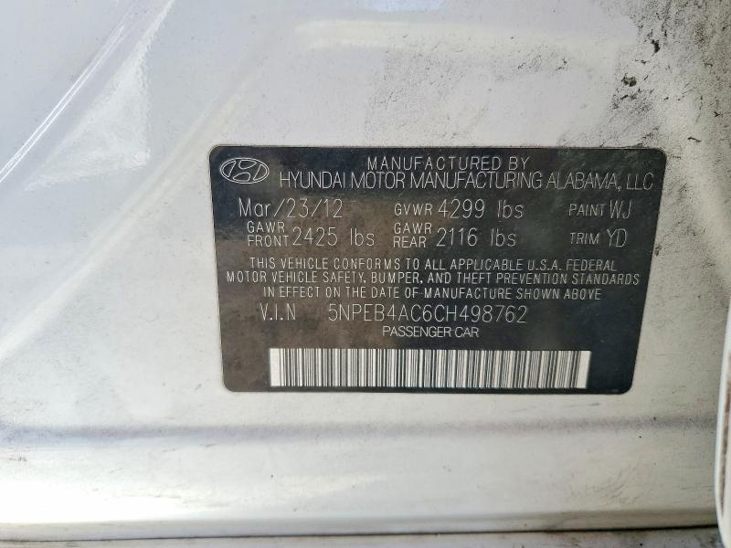 2012 Hyundai Sonata მანქანა იყიდება აუქციონზე, vin: 5NPEB4AC6CH498762, აუქციონის ნომერი: 60458616