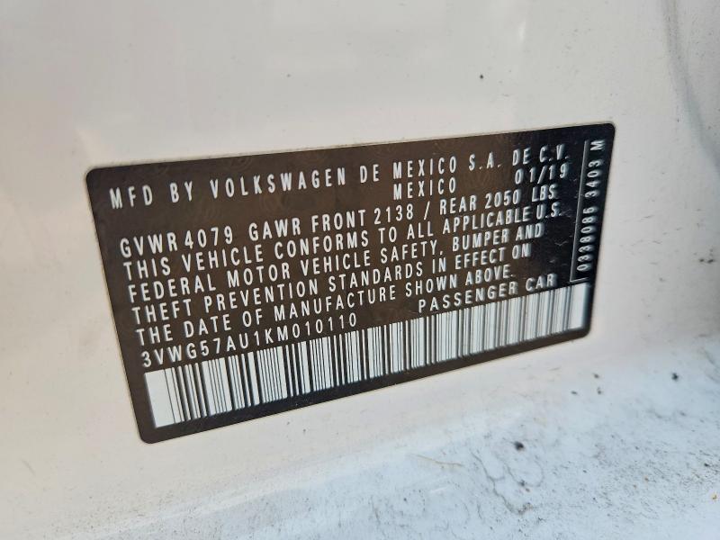 Продаж на аукціоні авто 2019 Volkswagen Golf, vin: 3VWG57AU1KM010110, номер лоту: 60967356