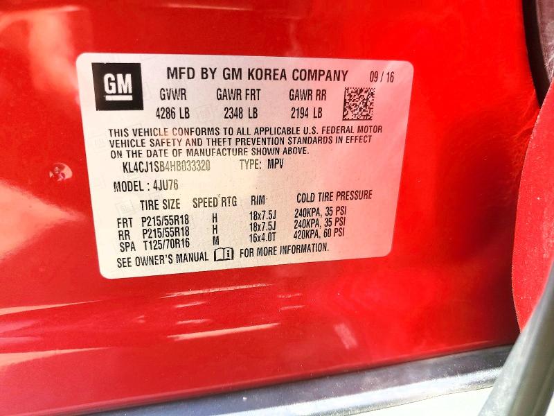2017 Buick Encore მანქანა იყიდება აუქციონზე, vin: KL4CJ1SB4HB033320, აუქციონის ნომერი: 61027836