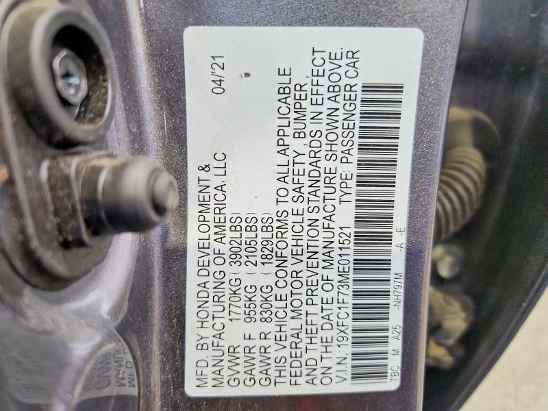 Aukcja sprzedaży 2021 Honda Civic, vin: 19XFC1F73ME011521, numer aukcji: 60330806