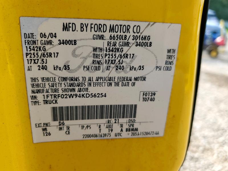 2004 Ford F150 მანქანა იყიდება აუქციონზე, vin: 1FTRF02W94KD56254, აუქციონის ნომერი: 59376756