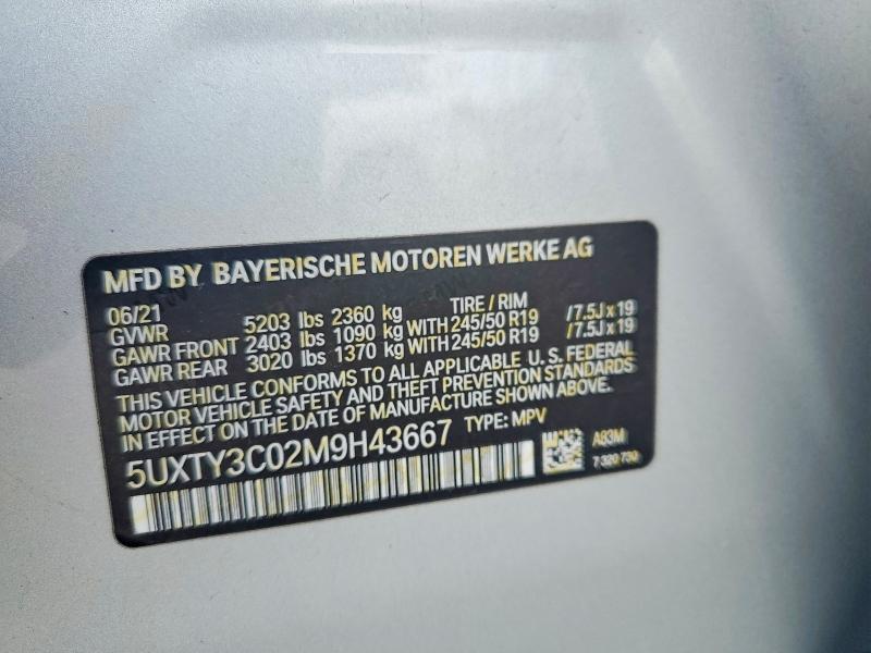 2021 Bmw X3 მანქანა იყიდება აუქციონზე, vin: 5UXTY3C02M9H43667, აუქციონის ნომერი: 62814126