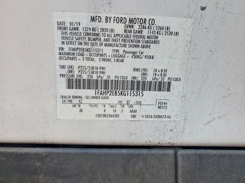 62305466 :رقم المزاد ، 1FAHP2E85KG115315 vin ، 2019 Ford Taurus مزاد بيع