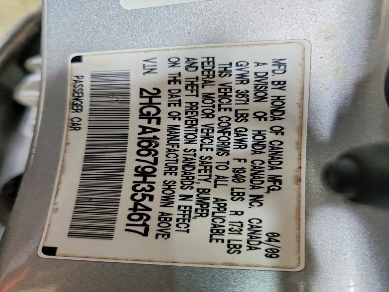 2009 Honda Civic მანქანა იყიდება აუქციონზე, vin: 2HGFA16679H354617, აუქციონის ნომერი: 59390526