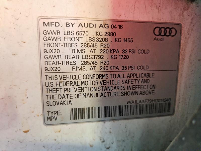 Продаж на аукціоні авто 2017 Audi Q7, vin: WA1LAAF79HD014949, номер лоту: 62119036