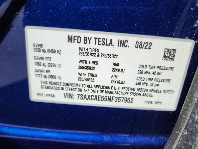 62081146 :رقم المزاد ، 7SAXCAE55NF357962 vin ، 2022 Tesla Model X مزاد بيع