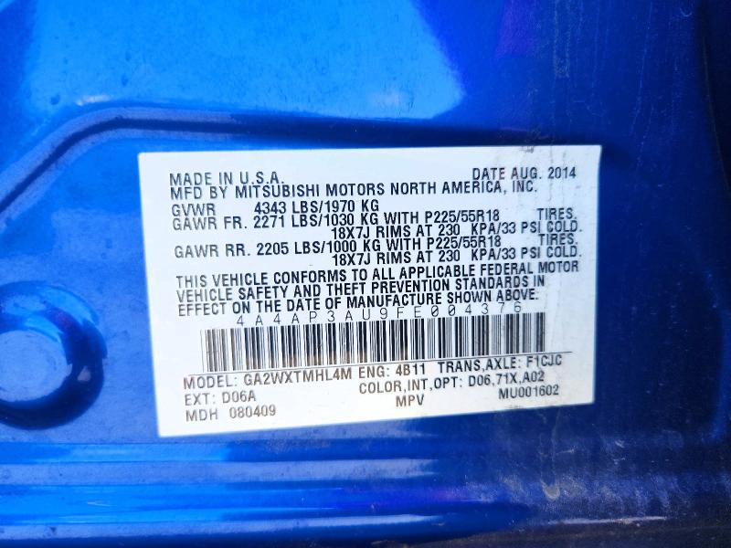 2015 Mitsubishi Outlander Sport მანქანა იყიდება აუქციონზე, vin: 4A4AP3AU9FE004376, აუქციონის ნომერი: 58819516