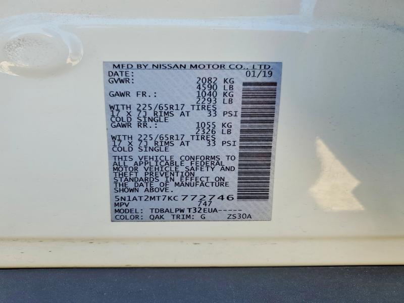 59849426 :رقم المزاد ، 5N1AT2MT7KC772746 vin ، 2019 Nissan Rogue مزاد بيع