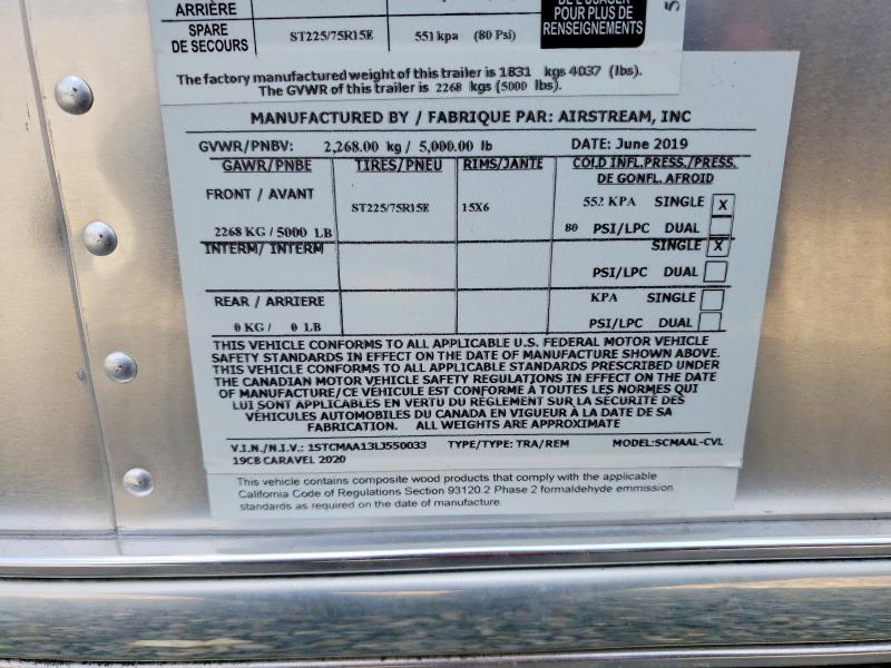 2020 Airstream Bambi / Caravel მანქანა იყიდება აუქციონზე, vin: 1STCMAA13LJ550033, აუქციონის ნომერი: 61763706