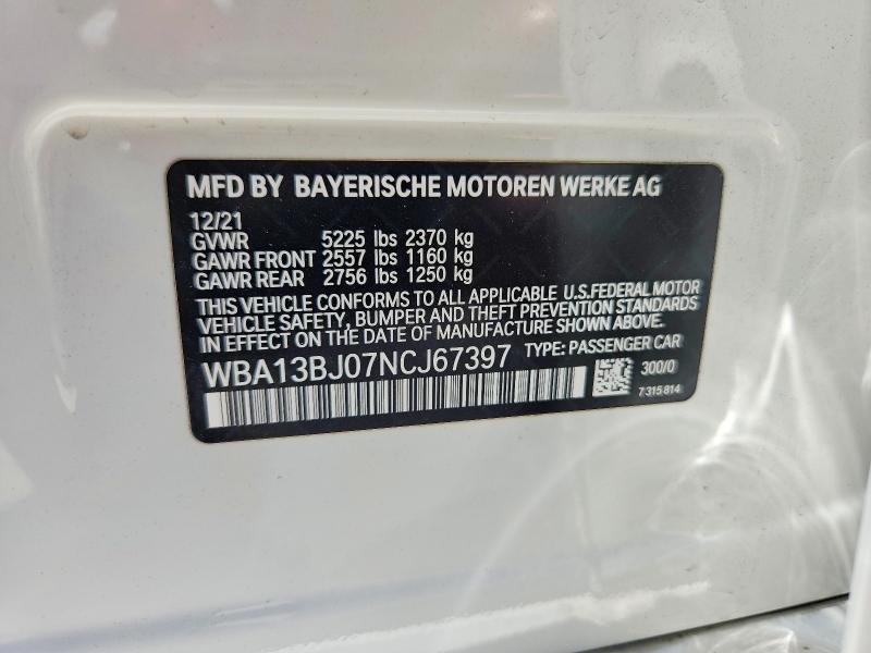 62882026 :رقم المزاد ، WBA13BJ07NCJ67397 vin ، 2022 Bmw 530 مزاد بيع