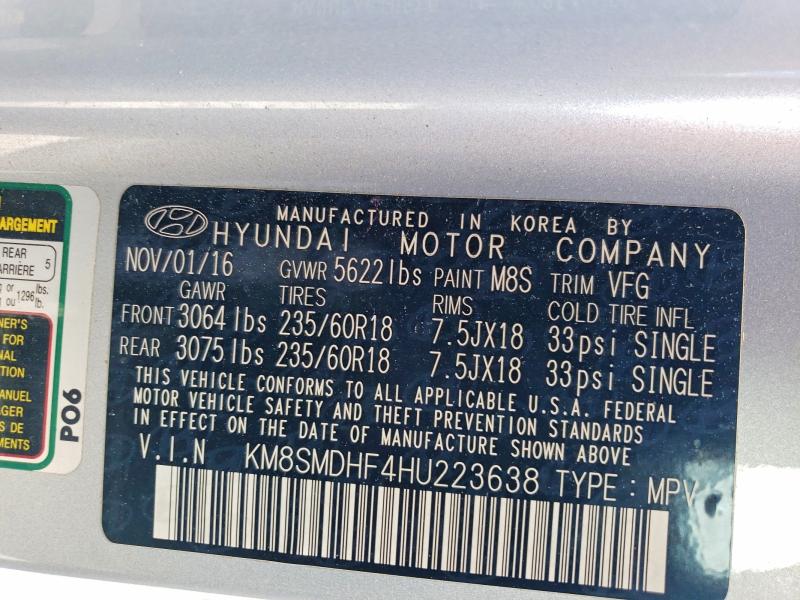 Aukcja sprzedaży 2017 Hyundai Santa Fe, vin: KM8SMDHF4HU223638, numer aukcji: 60473706