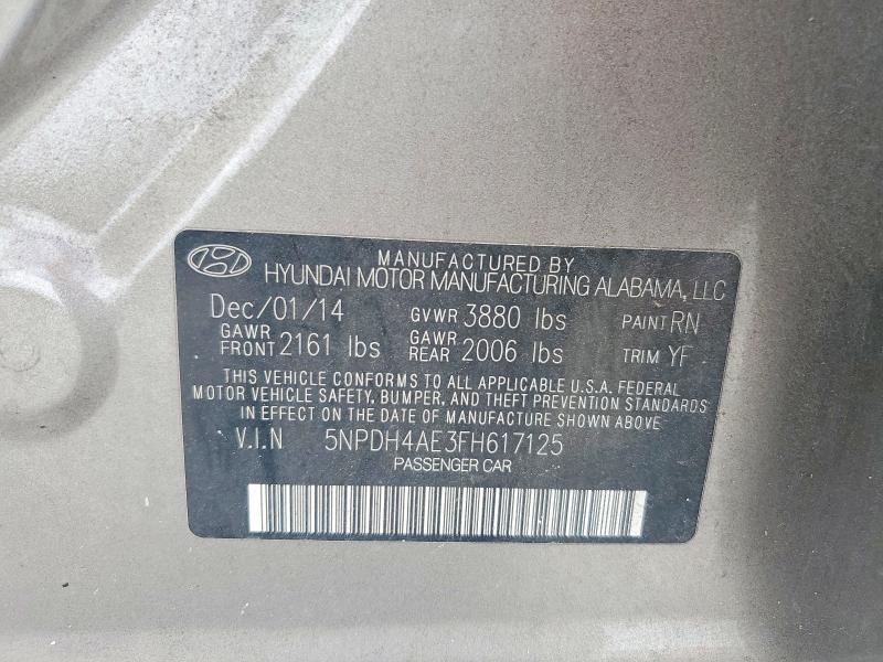2015 Hyundai Elantra მანქანა იყიდება აუქციონზე, vin: 5NPDH4AE3FH617125, აუქციონის ნომერი: 63533976
