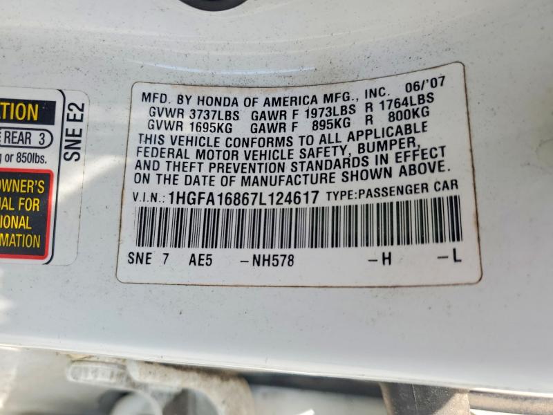 Продаж на аукціоні авто 2007 Honda Civic, vin: 1HGFA16867L124617, номер лоту: 60692776