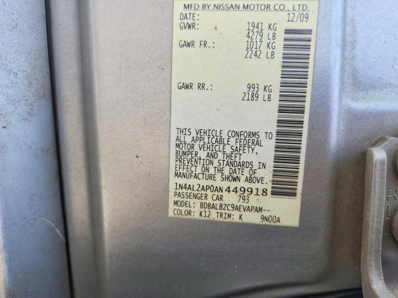 2010 Nissan Altima მანქანა იყიდება აუქციონზე, vin: 1N4AL2AP0AN449918, აუქციონის ნომერი: 62132636