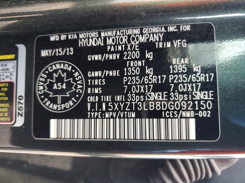61843046 :رقم المزاد ، 5XYZT3LB8DG092150 vin ، 2013 Hyundai Santa Fe Sport مزاد بيع