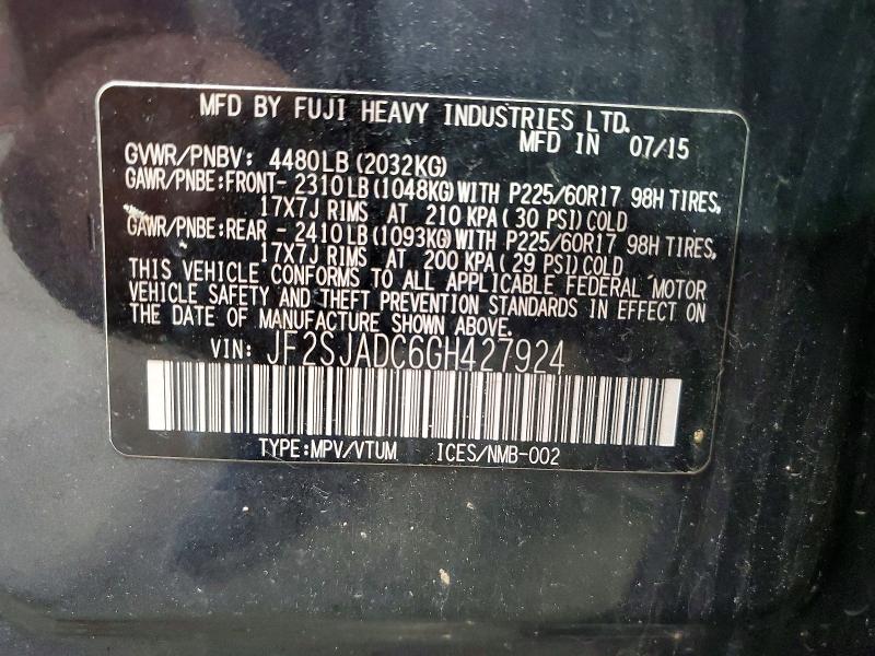 Продажа на аукционе авто 2016 Subaru Forester, vin: JF2SJADC6GH427924, номер лота: 61585006