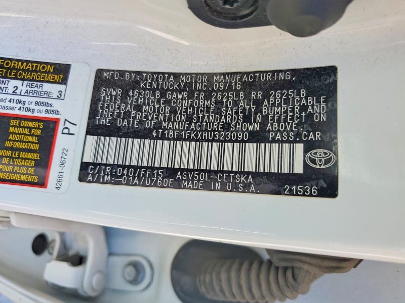 62700416 :رقم المزاد ، 4T1BF1FKXHU323090 vin ، 2017 Toyota Camry مزاد بيع