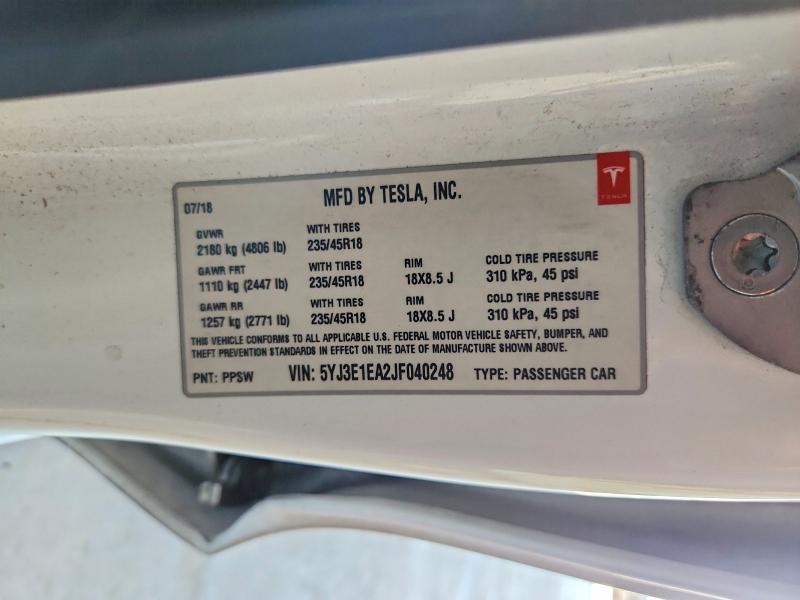 2018 Tesla Model 3 მანქანა იყიდება აუქციონზე, vin: 5YJ3E1EA2JF040248, აუქციონის ნომერი: 60699506