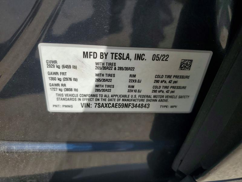 62479066 :رقم المزاد ، 7SAXCAE59NF344843 vin ، 2022 Tesla Model X مزاد بيع