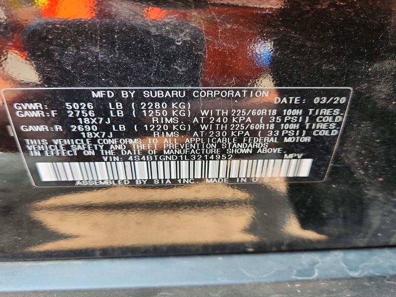 2020 Subaru Outback მანქანა იყიდება აუქციონზე, vin: 4S4BTGND1L3214952, აუქციონის ნომერი: 62679346