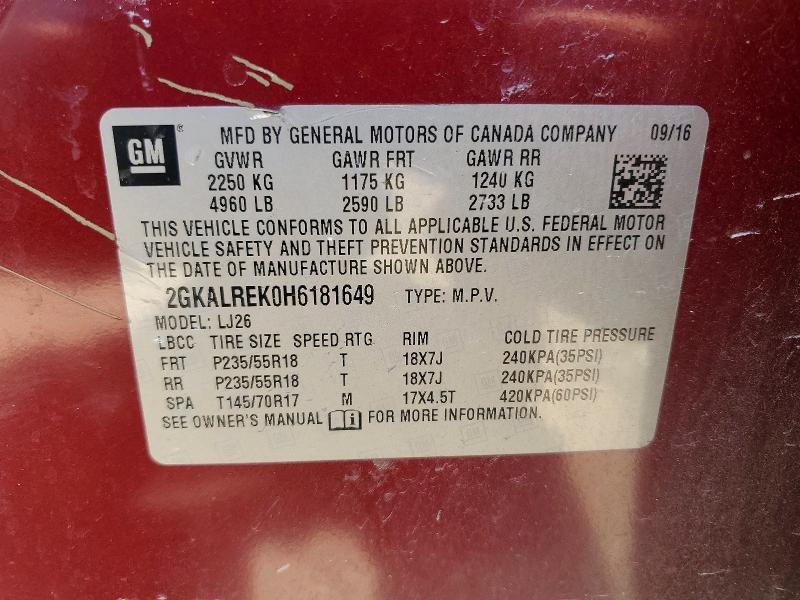 Aukcja sprzedaży 2017 Gmc Terrain, vin: 2GKALREK0H6181649, numer aukcji: 60945136