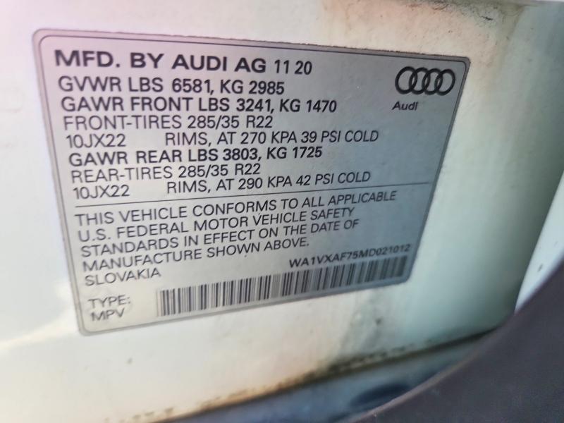 2021 Audi Q7 მანქანა იყიდება აუქციონზე, vin: WA1VXAF75MD021012, აუქციონის ნომერი: 63413726