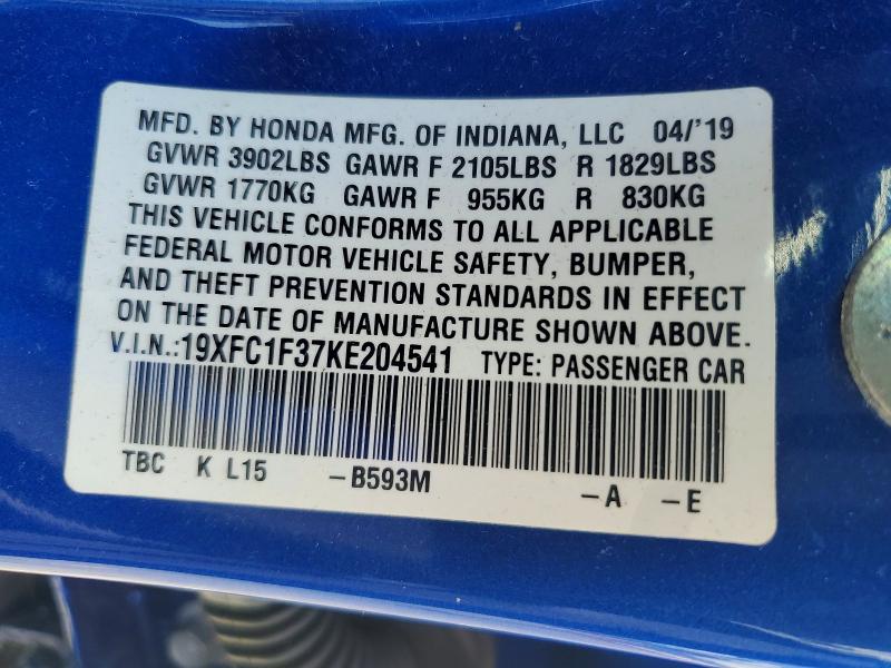 2019 Honda Civic მანქანა იყიდება აუქციონზე, vin: 19XFC1F37KE204541, აუქციონის ნომერი: 85452355