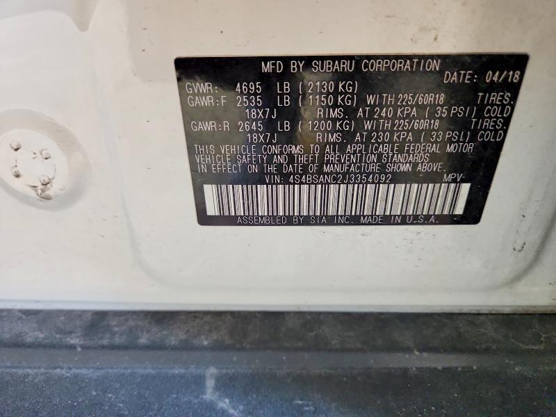 Aukcja sprzedaży 2018 Subaru Outback, vin: 4S4BSANC2J3354092, numer aukcji: 85618385